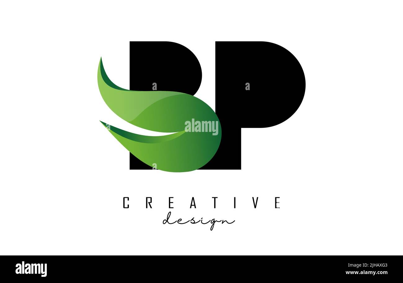 Illustrazione vettoriale di lettere astratte BP b p con fiamme e disegno di Swoosh verde. Logo Letters con taglio e forma creativa. Illustrazione Vettoriale