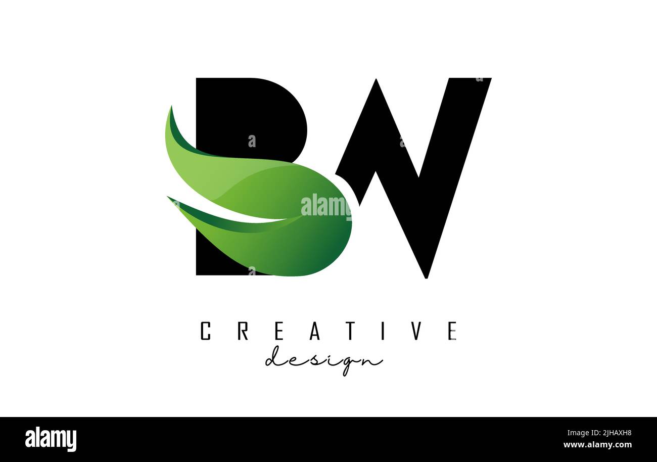 Illustrazione vettoriale delle lettere astratte BW b w con fiamme e design Green Swoosh. Logo Letters con taglio e forma creativa. Illustrazione Vettoriale