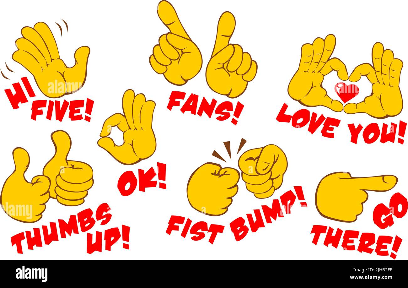Set di gesti a mano fumetti. Modello per icone, emoticon, social network. Vettore su sfondo trasparente Illustrazione Vettoriale