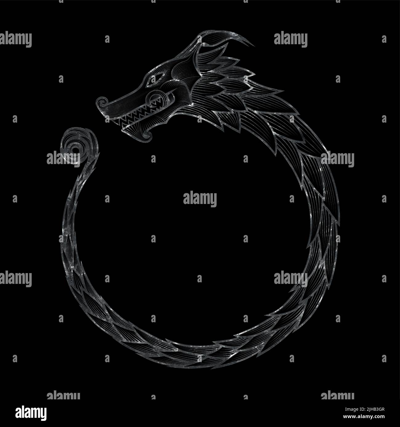 Simbolo dell'Infinito di Ouroboros - materiale argenteo del drago isolato sul nero Illustrazione Vettoriale