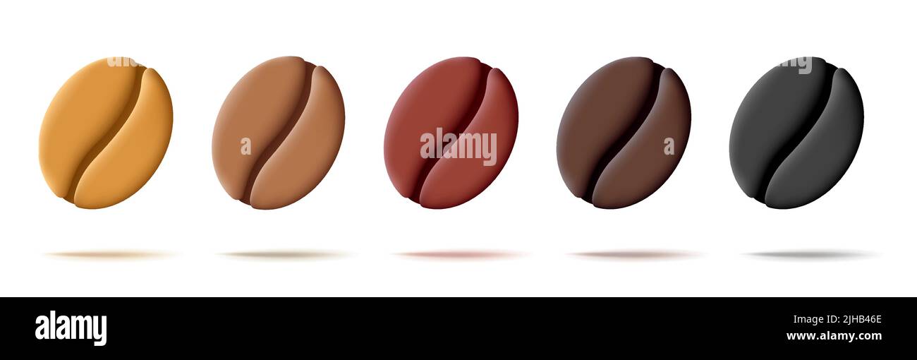 Set di 3D icone di chicchi di caffè con diversi livelli di tostatura Illustrazione Vettoriale