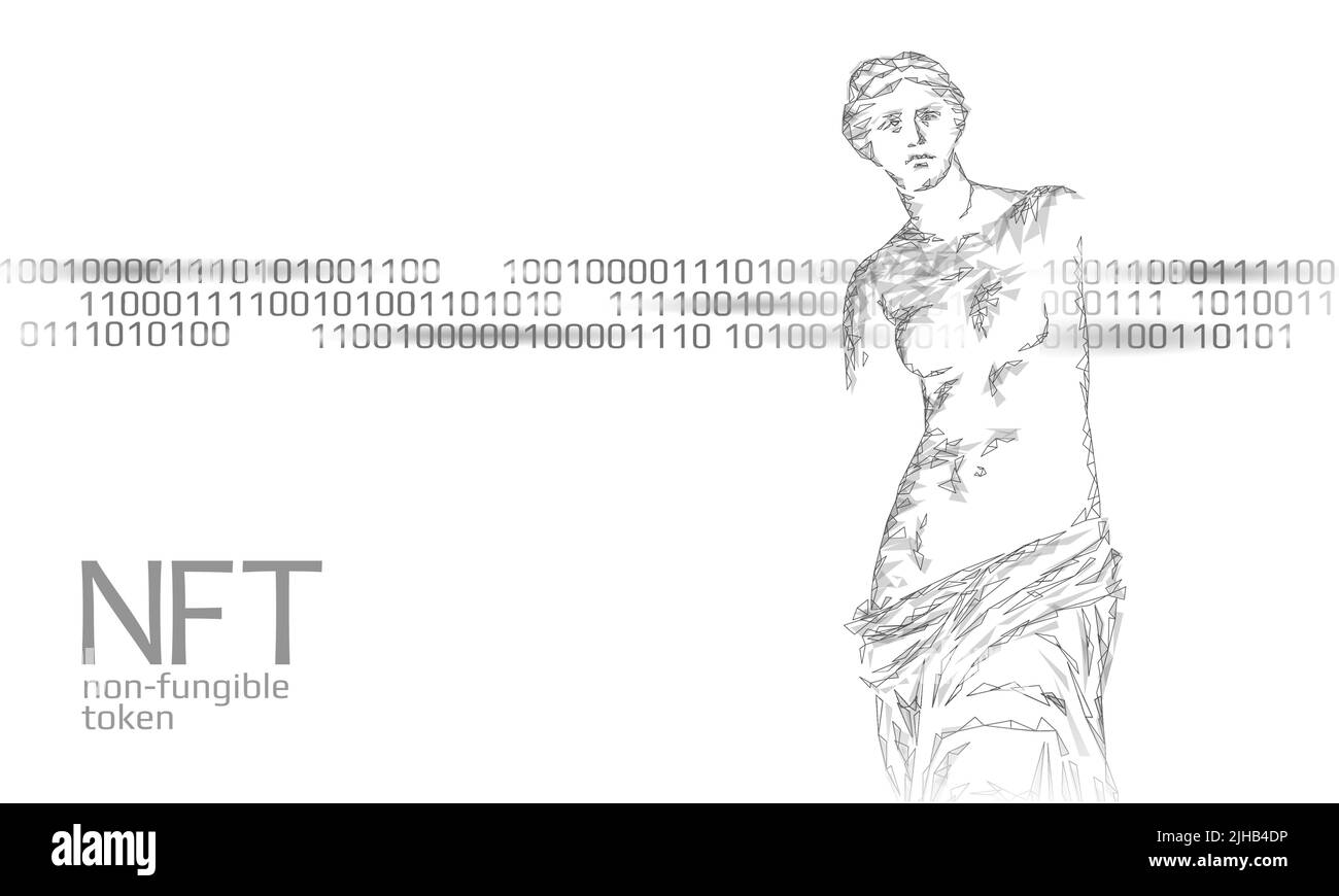 3D NFT non Fungibile criptovaluta unica. Codice di sicurezza crittografia Blockchain art. Proprietà del certificato dell'oggetto foto digitale memorizzato. Tecnologia Illustrazione Vettoriale