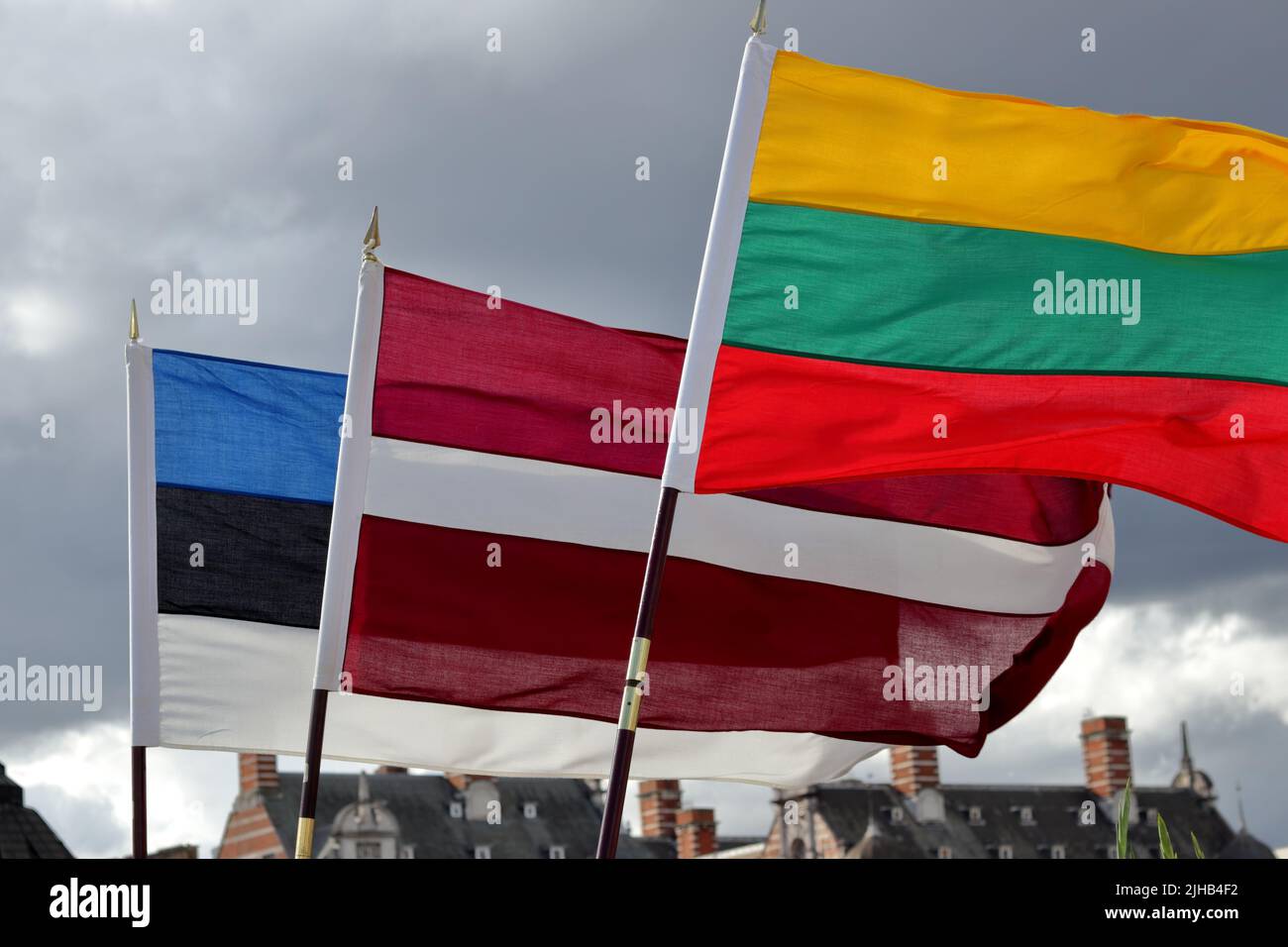 Tre bandiere degli Stati baltici a Londra Foto Stock
