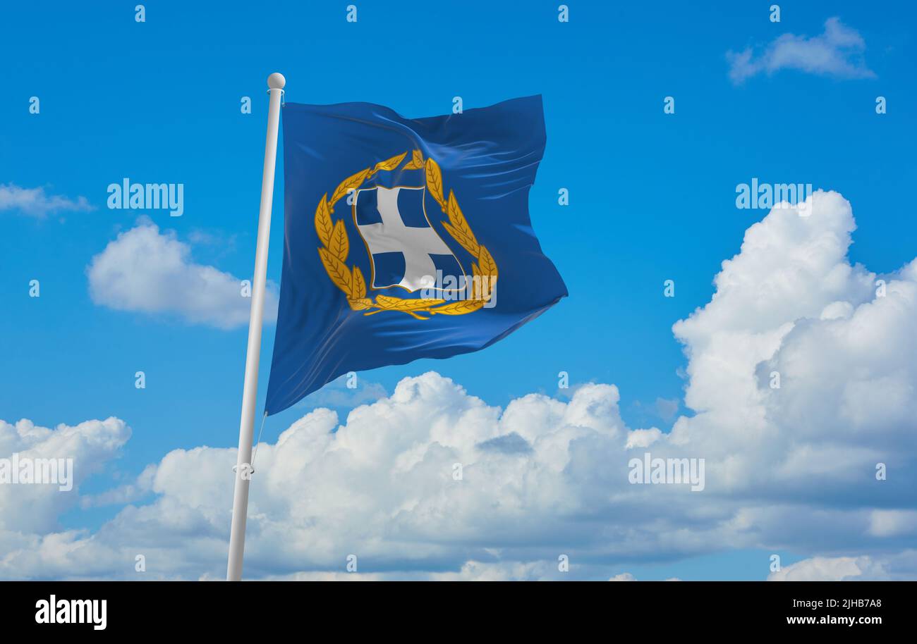 Bandiera ufficiale del presidente Grecia a cielo nuvoloso sfondo al tramonto, vista panoramica. Viaggio greco e concetto patriota. Spazio per la copia per banner largo Foto Stock