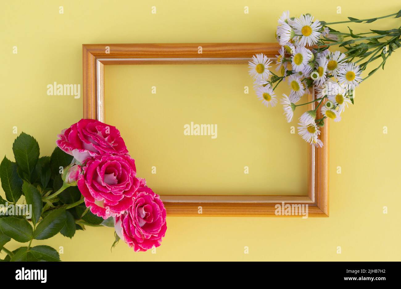 Biglietto d'auguri con composizione floreale, rose rosa e margherite, con cornice in legno e spazio per il testo Foto Stock