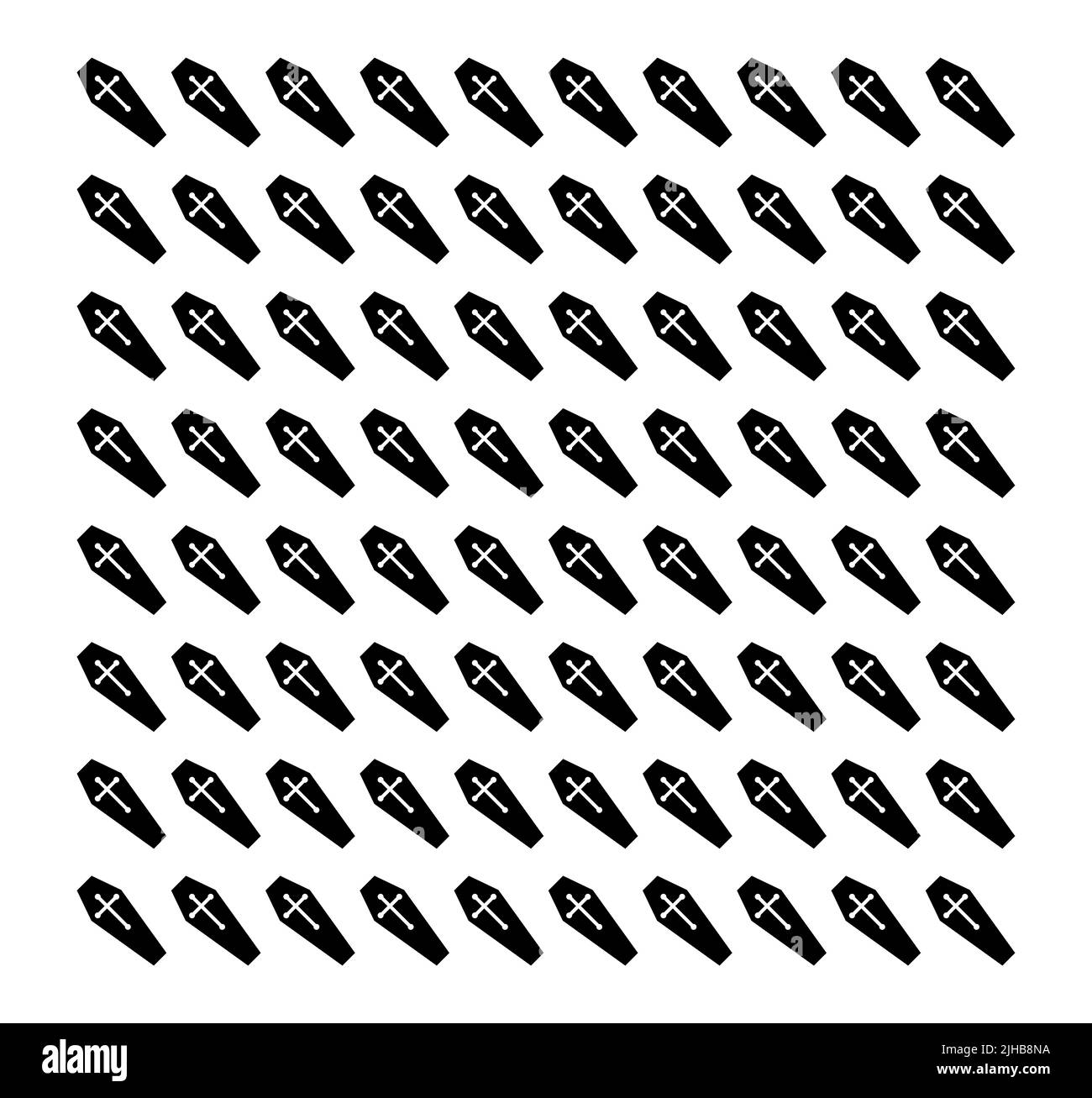 Uno sfondo di pagina di silhouette di bare nere con croci cristiane su sfondo bianco Foto Stock