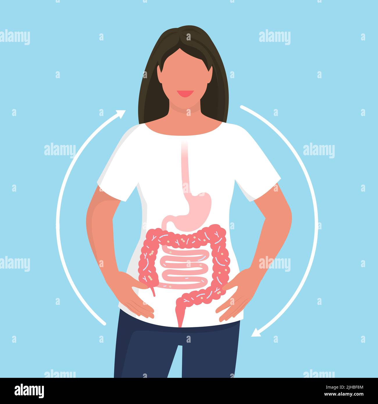 Donna felice con flora intestinale equilibrata e intestino sano Illustrazione Vettoriale