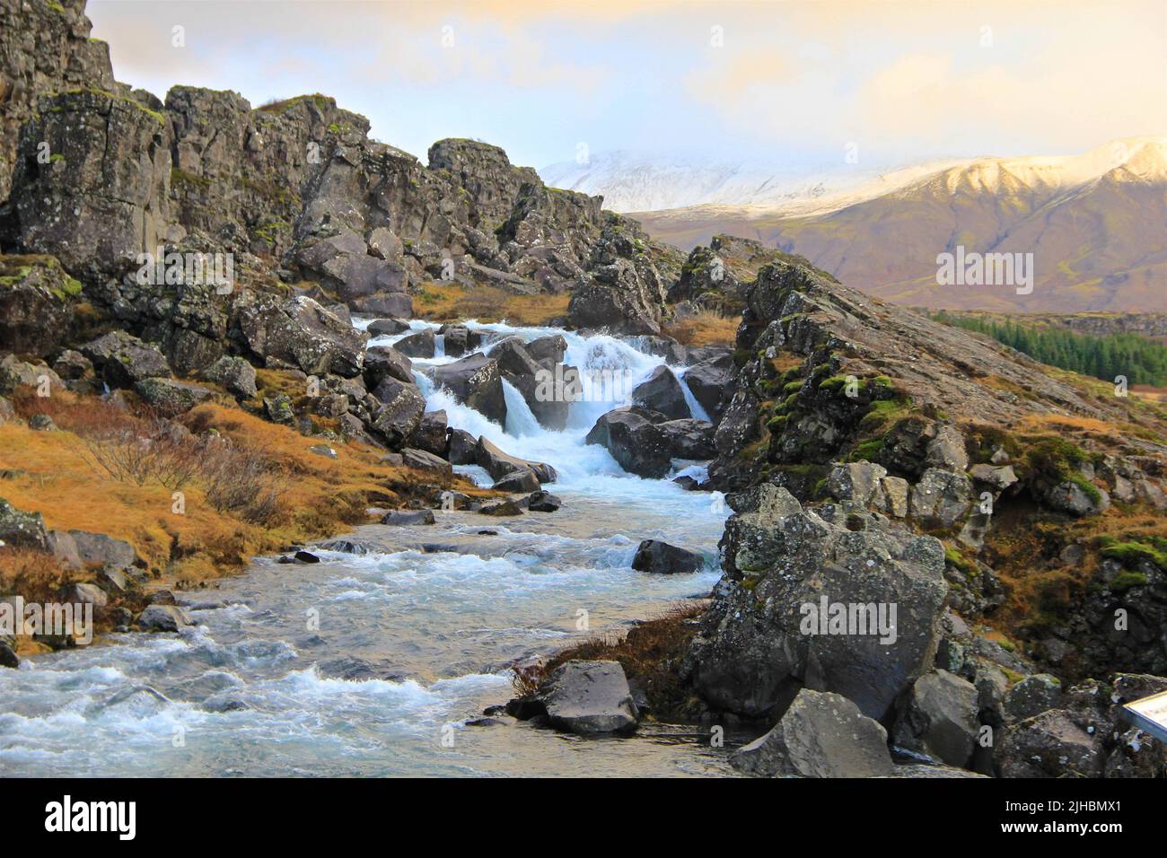 Un bel torrente di montagna islandese precipita d'acqua in un ambiente pittoresco illuminato da una bella luce colorata Foto Stock