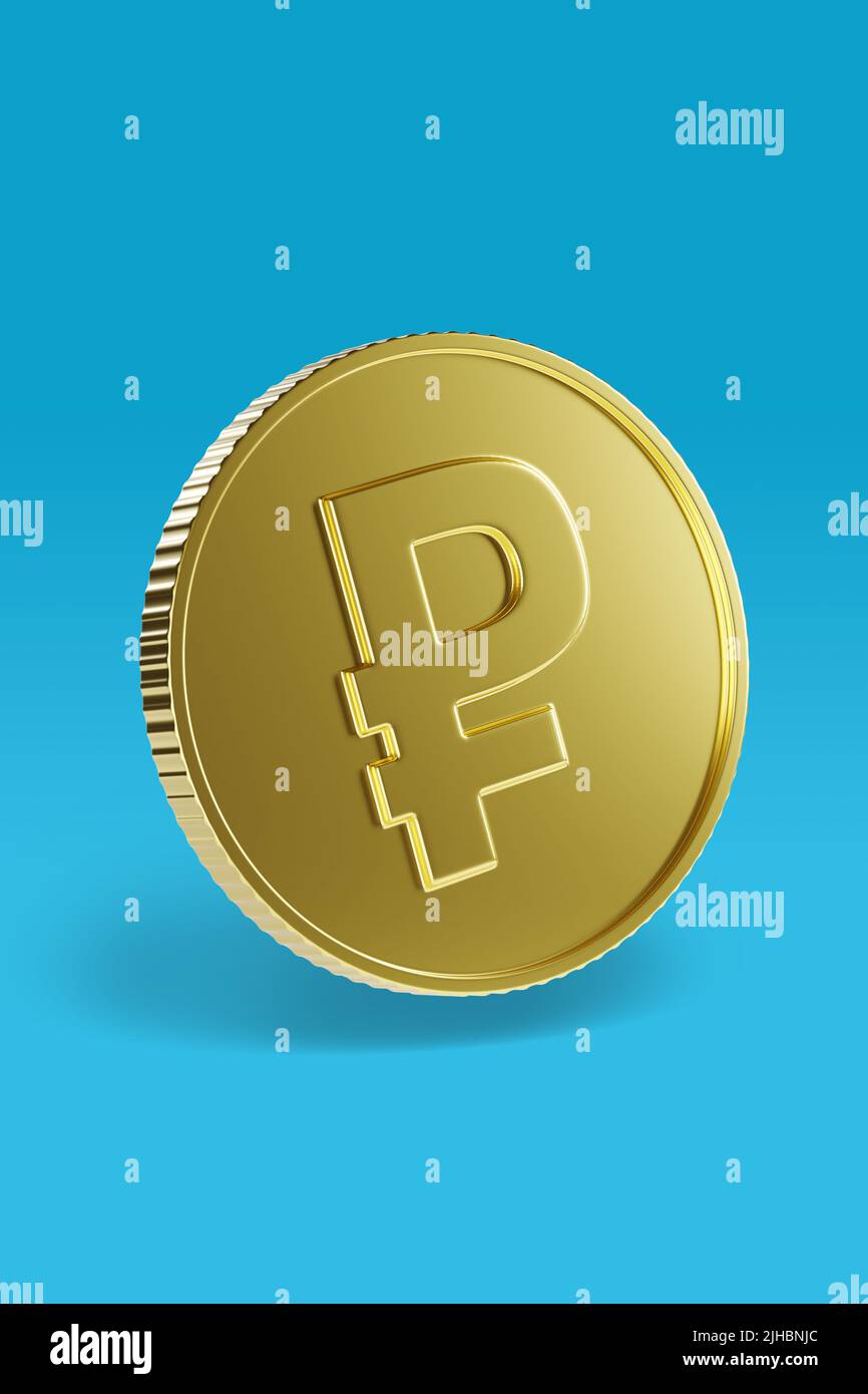Moneta d'oro con ruble segno isolato su sfondo blu. 3d illustrazione. Foto Stock