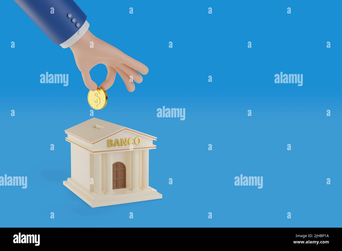 Cartoon mano mettere una moneta in una scatola di denaro a forma di un edificio banca con testo bancario in spagnolo con spazio copia. 3d illustrazione. Foto Stock