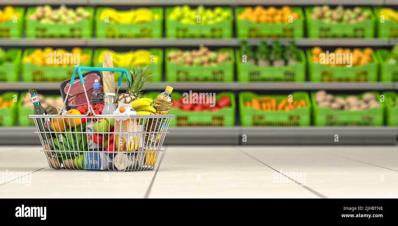 Cestino pieno di cibo in un supermercato o negozio di alimentari con scaffali di frutta e verdura. 3d illustrazione Foto Stock
