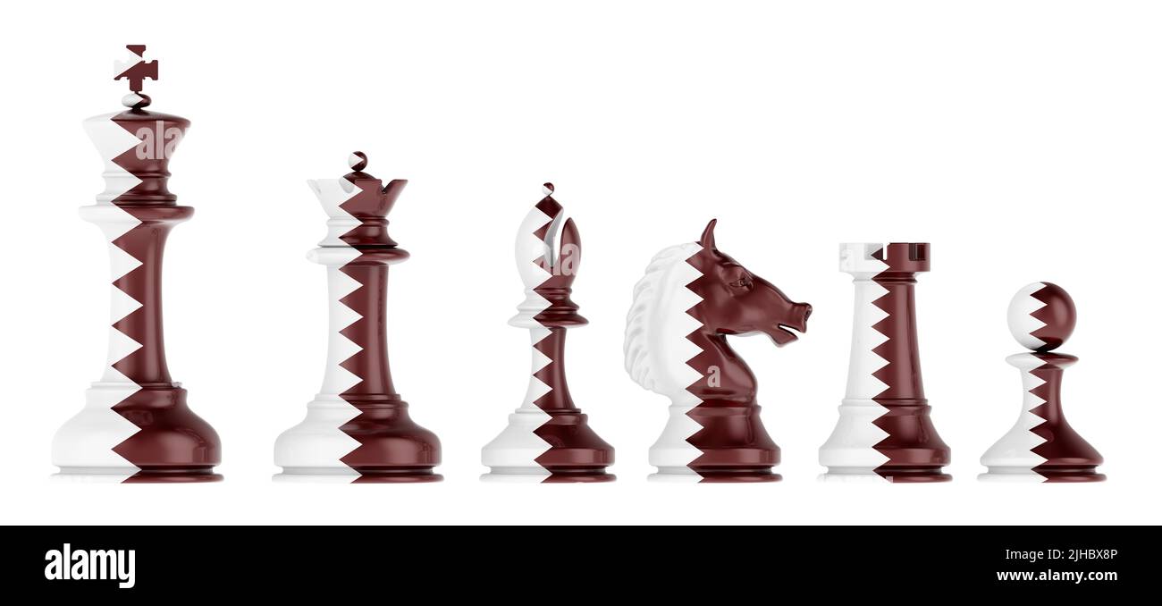 Figure di scacchi con bandiera Qatar, 3D rendering isolato su sfondo bianco Foto Stock