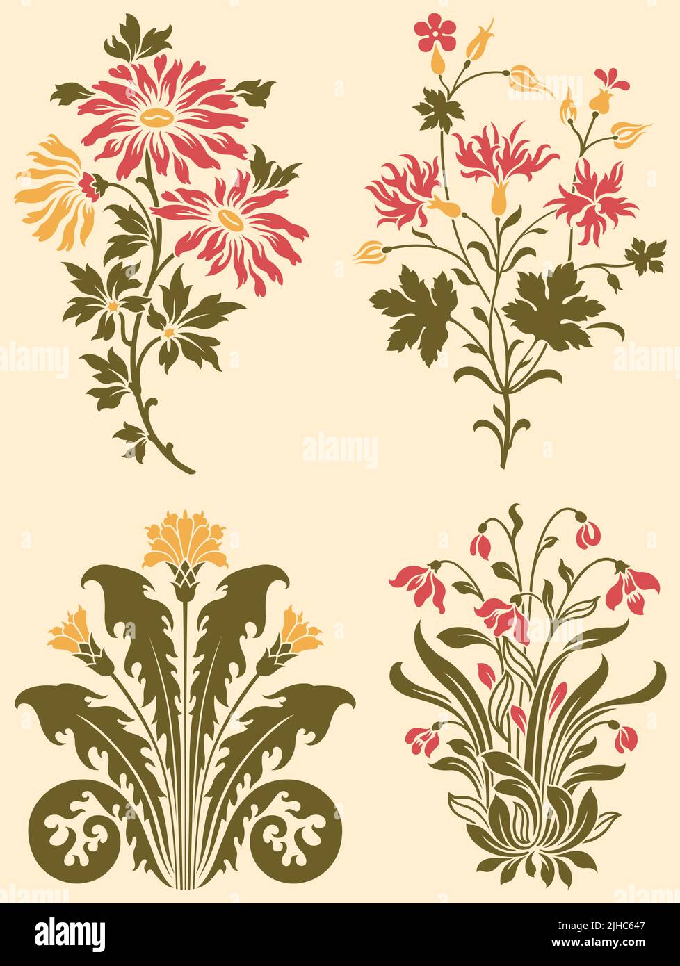 Un set di disegni vettoriali floreali di fiori selvatici in stile Art Nouveau. Illustrazione Vettoriale