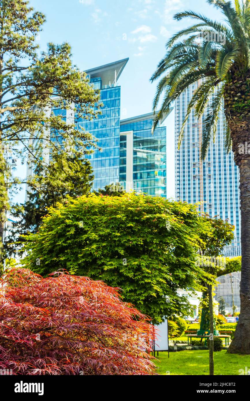 Georgia, Batumi, 10 maggio 2022: Vista dal giardino Giapponese sull'hotel Hilton and Marriott Foto Stock
