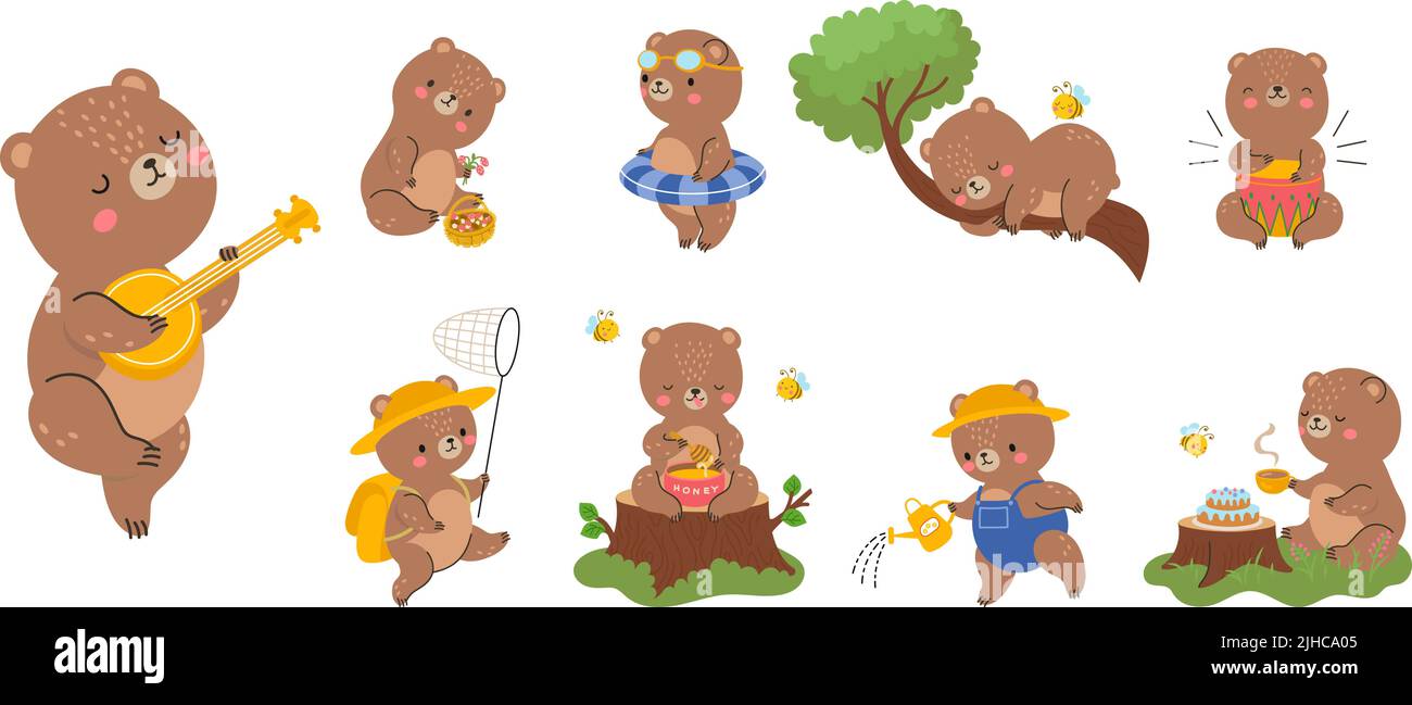 Carino orso cartoon. Emozioni baby orsi, peluche giocattolo design varie pose. Divertente animale selvatico mangiare miele, dormire e leggere libro, foresta oggi vettore Illustrazione Vettoriale