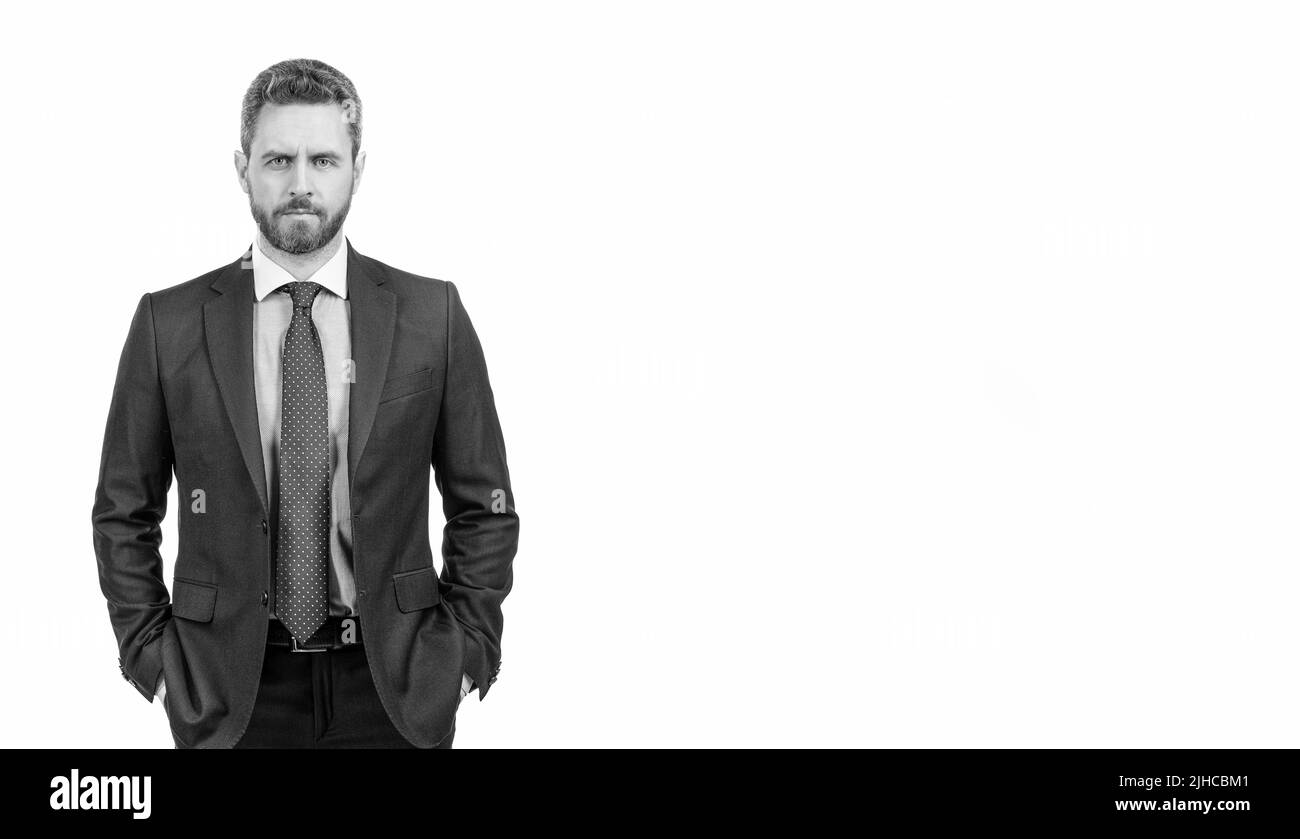 Uomo manager professionale serio in abbigliamento formale isolato su spazio copia bianco, abito Foto Stock