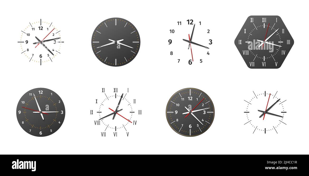 Facce dell'orologio. Quadranti realistici in bianco e nero con frecce e numeri. Misurazione del tempo. Forme meccaniche del segnatempo. Cronografi precisi rotondi Illustrazione Vettoriale
