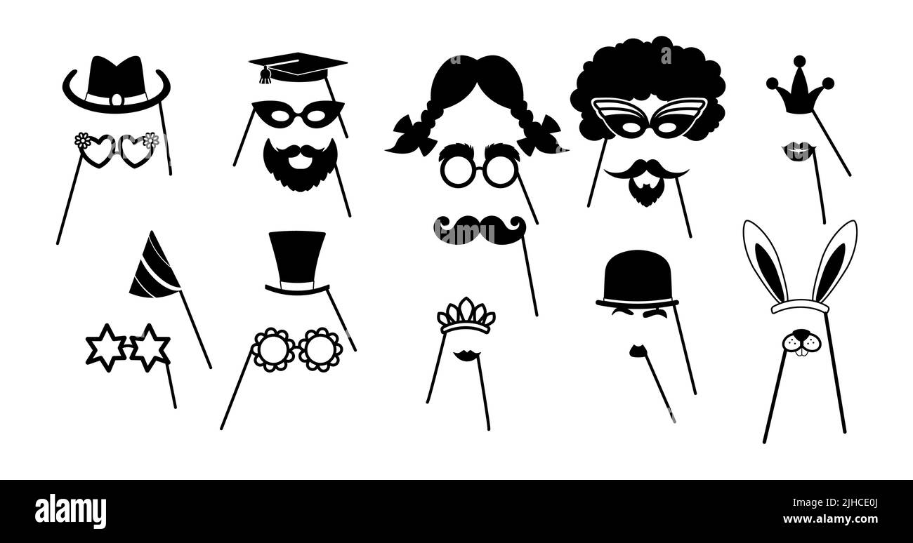 Puntini fotografici, cappelli divertenti, labbra, corone per feste e feste. Set vettoriale di silhouette in bianco e nero sui bastoncini Illustrazione Vettoriale
