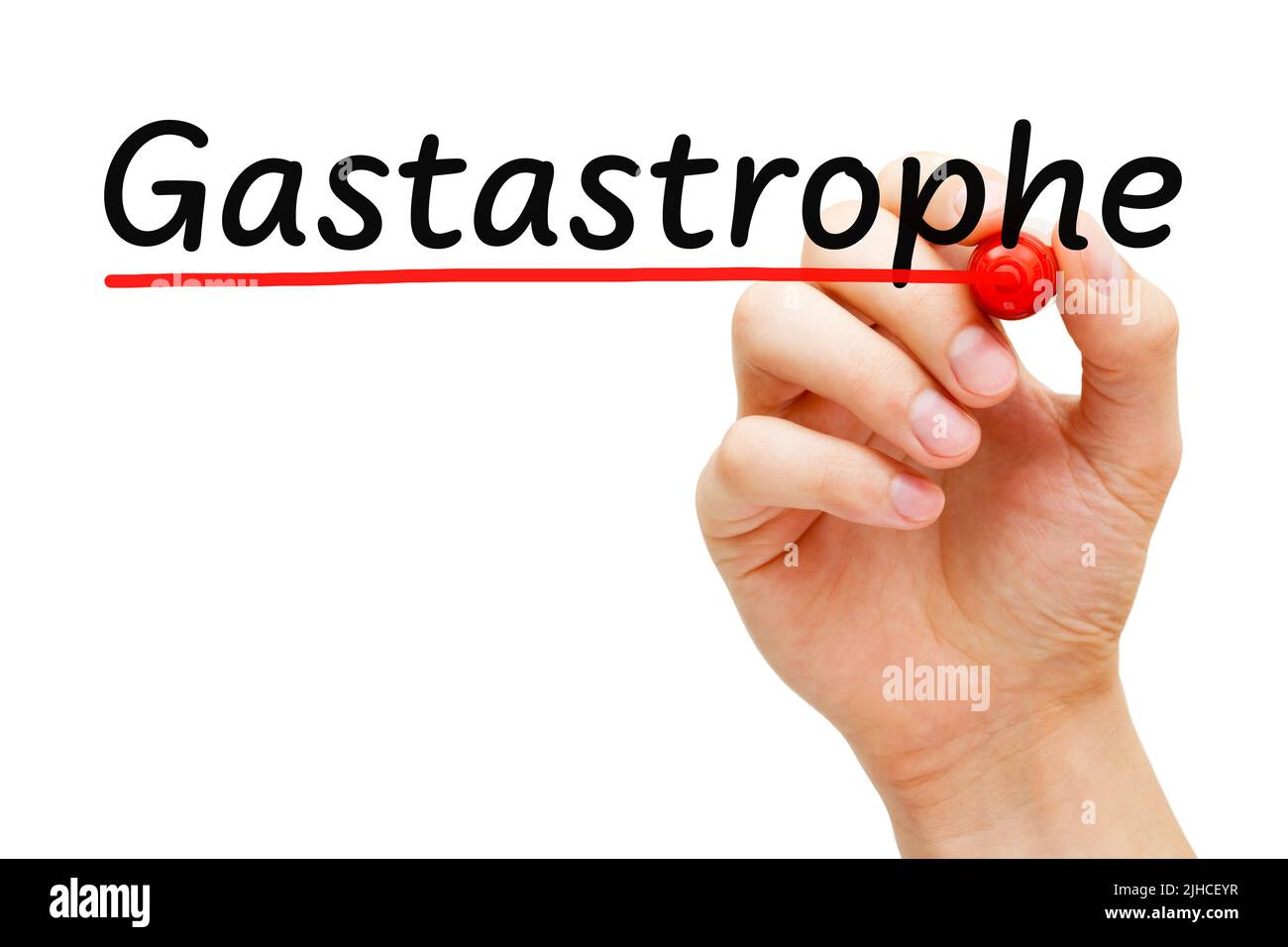 Scrittura a mano della parola miscela Gastastrofa fatta unendo gas e catastrofe. Concetto di crisi del carburante. Foto Stock