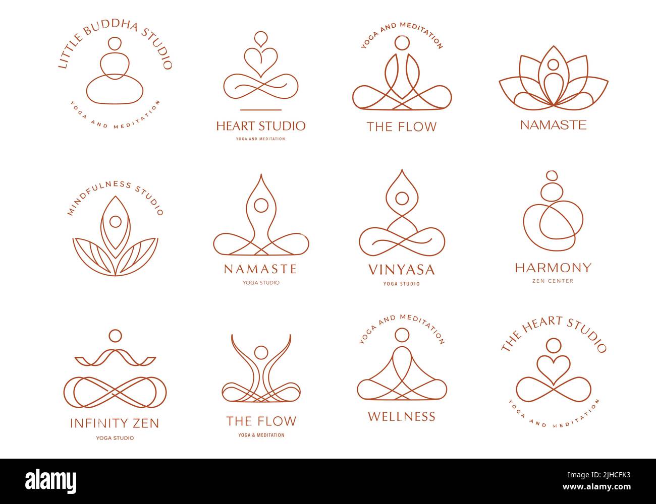 Collezione di logo Yoga, Zen e meditazione, icone lineari ed elementi. Illustrazioni minimaliste in stile bohémien in colori pastello Illustrazione Vettoriale