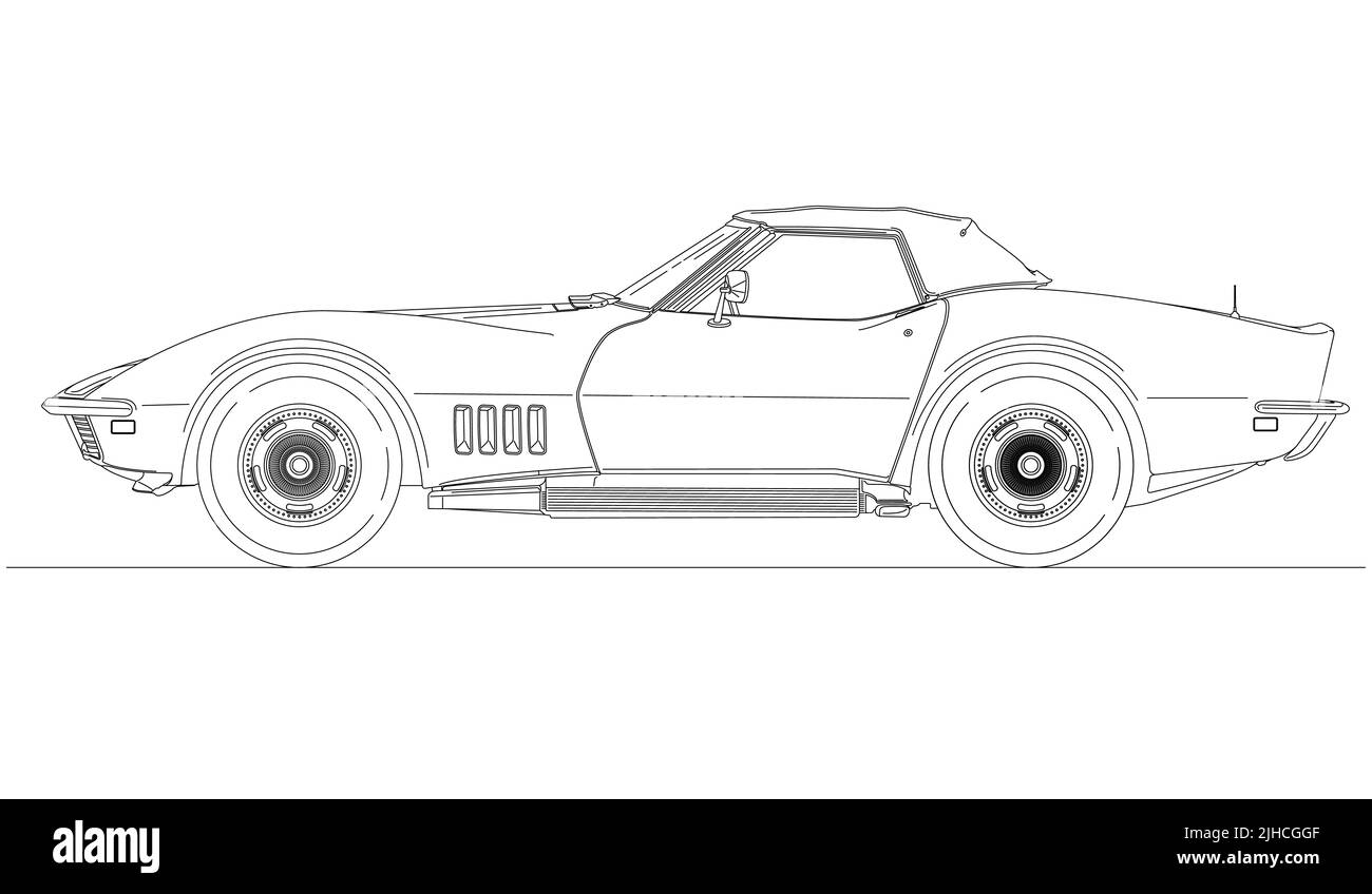 USA, anno 2022, disegno della silhouette Corvette Singray C3 delineato, US vintage auto, anno 1969, illustrazione Foto Stock