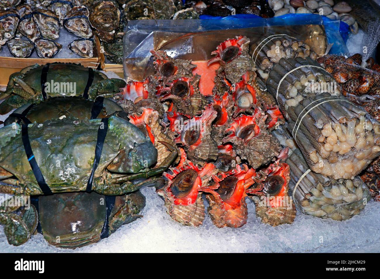 lumache di mare fresche, granchi e vongole in una stalla di mercato per la vendita Foto Stock