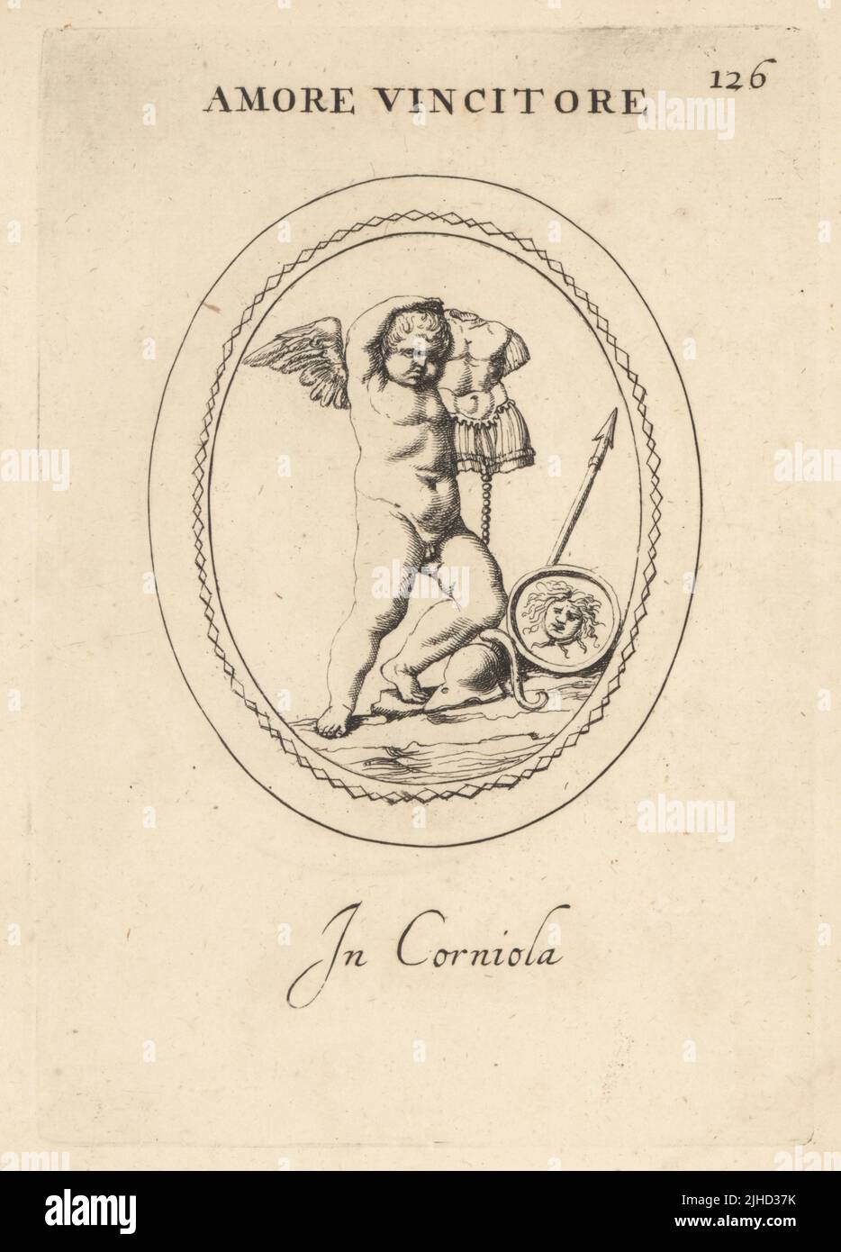 Figura di Cupido alato o Amor, dio romano d'amore, con il pettorale, scudo, casco e lancia di Marte, dio della guerra. Amor vittorioso. In carnelia. Amor Vincitore. In corniola. Incisione copperplate di Giovanni Battista Galestruzzi dopo Leonardo Agostini di Gemmae et Sculpturae Antiquae Depitti ab Leonardo Augustino Senesi, Abraham Blooteling, Amsterdam, 1685. Foto Stock