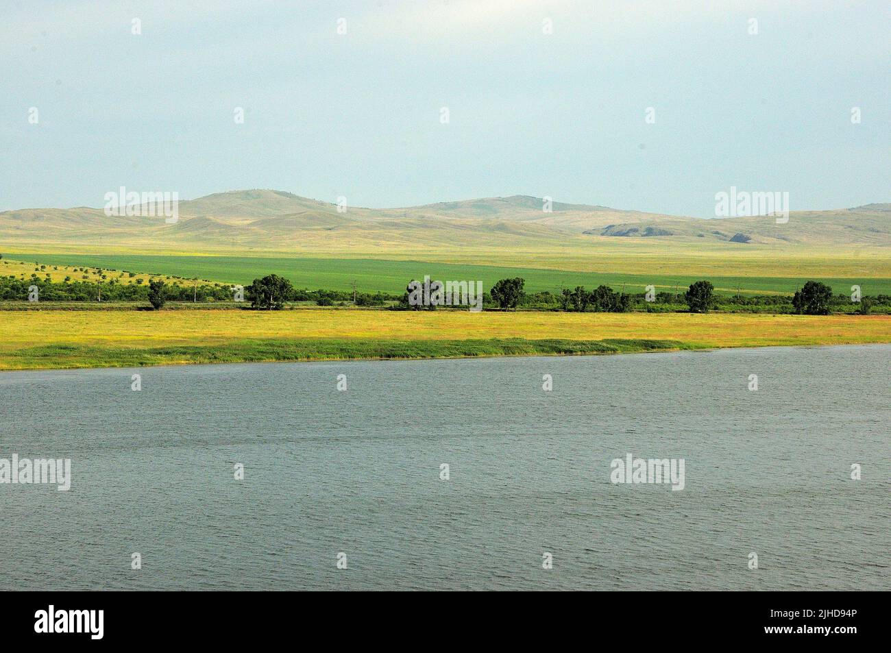 Un frammento di un lago tranquillo con cespugli sulla riva adagiati nella steppa ai piedi delle alte colline. Lago Khankul, Khakassia, Siberia, Russia. Foto Stock