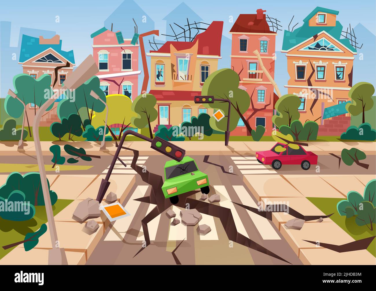 Terremoto incidente in città vettore illustrazione. Cartoon disastro naturale che distrugge edifici, strade e automobili, apocalittico paesaggio urbano con rovine abbandonate di case rotte e costruzioni sfondo Illustrazione Vettoriale