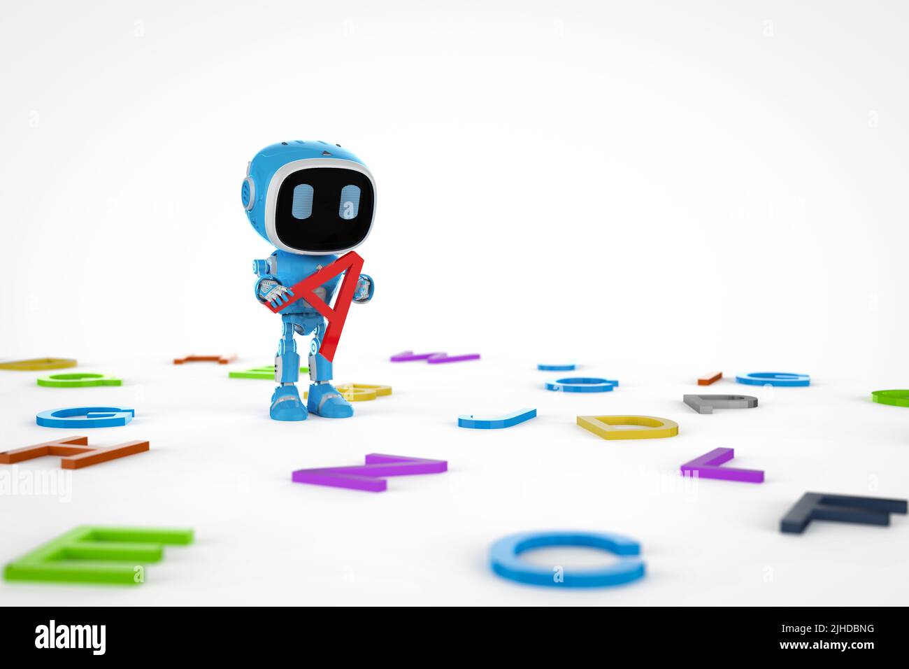 Concetto di apprendimento automatico con 3D rendering dell'apprendimento di piccoli robot con alfabeti Foto Stock