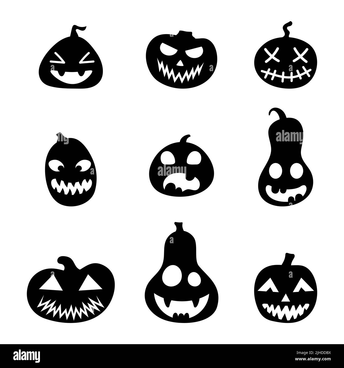 Set di silhouette di zucche spaventose di Halloween. Illustrazione delle espressioni facciali Jack-o-lantern. Semplice collezione di immagini horror spaventose di zucche. Illustrazione Vettoriale
