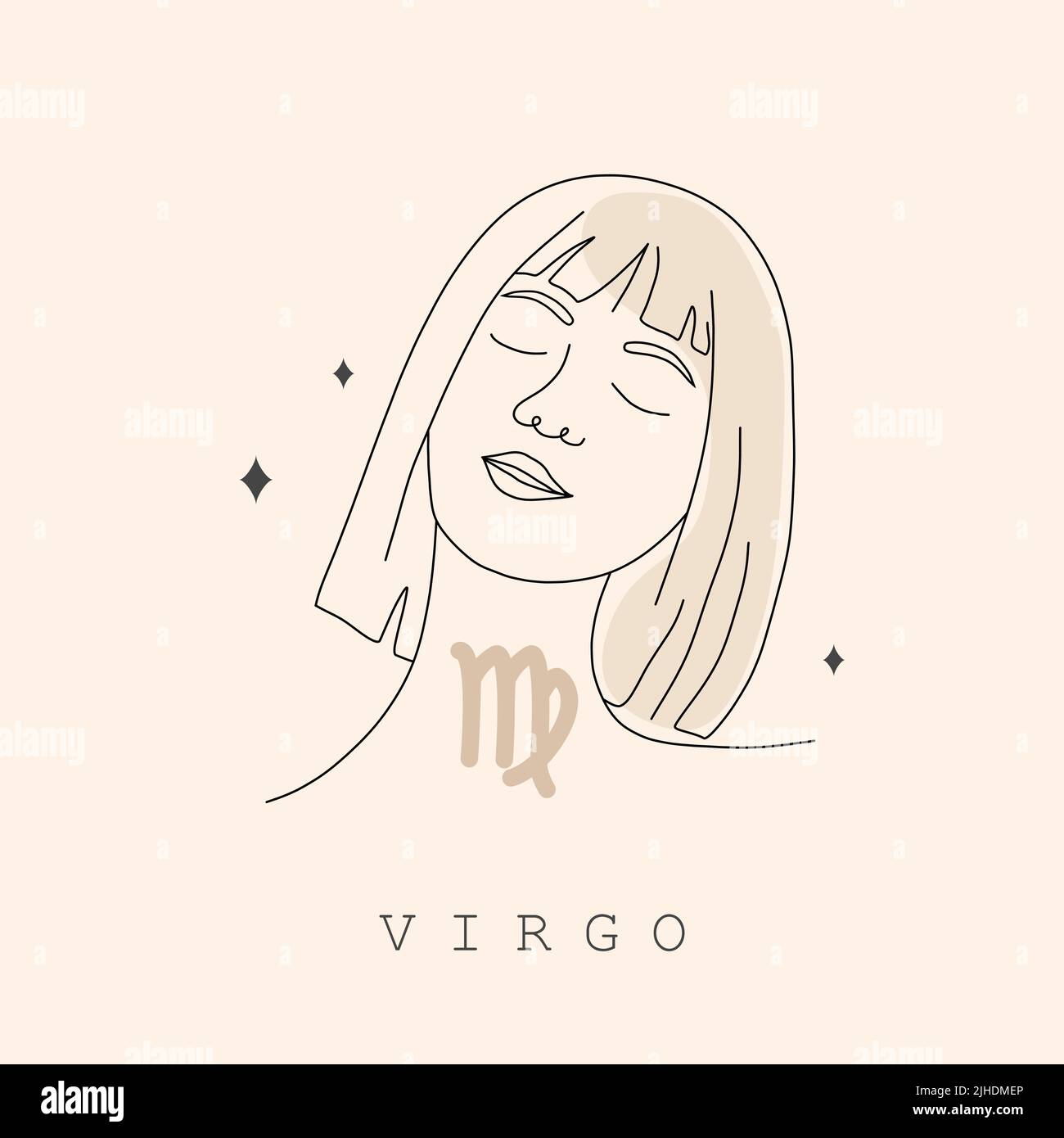 Segno zodiacale di Virgo. Disegno a una linea. Icona astrologica con volto astratto della donna. Logo a profilo misterioso ed esoterico. Simbolo oroscopo. Vettore lineare Illustrazione Vettoriale