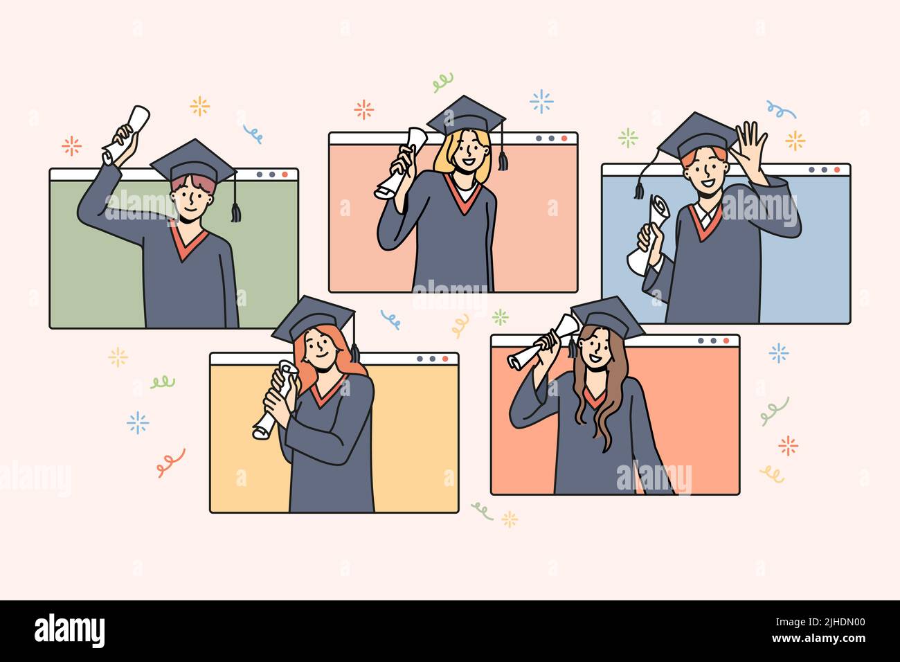 Gli studenti felici in mantelli celebrano la laurea con lo studio online. I laureati sorridenti sono entusiasti della conclusione dell'università. Concetto di istruzione remota. Illustrazione vettoriale. Illustrazione Vettoriale