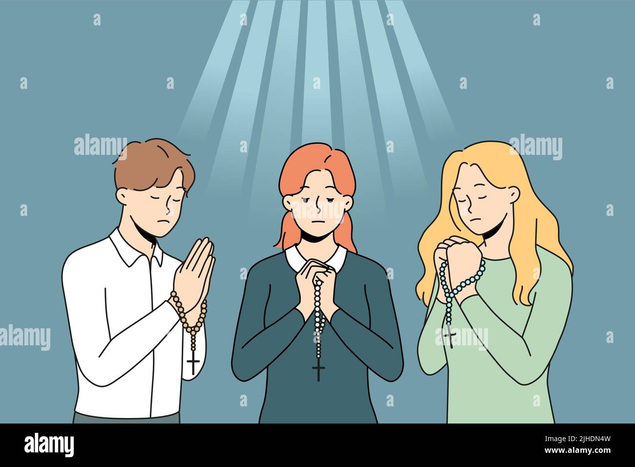 Persone con rosario che pregano di andare a chiedere il buon destino. I credenti superstiziosi religiosi mostrano fede e credenza. Religione e preghiera. Illustrazione vettoriale. Illustrazione Vettoriale