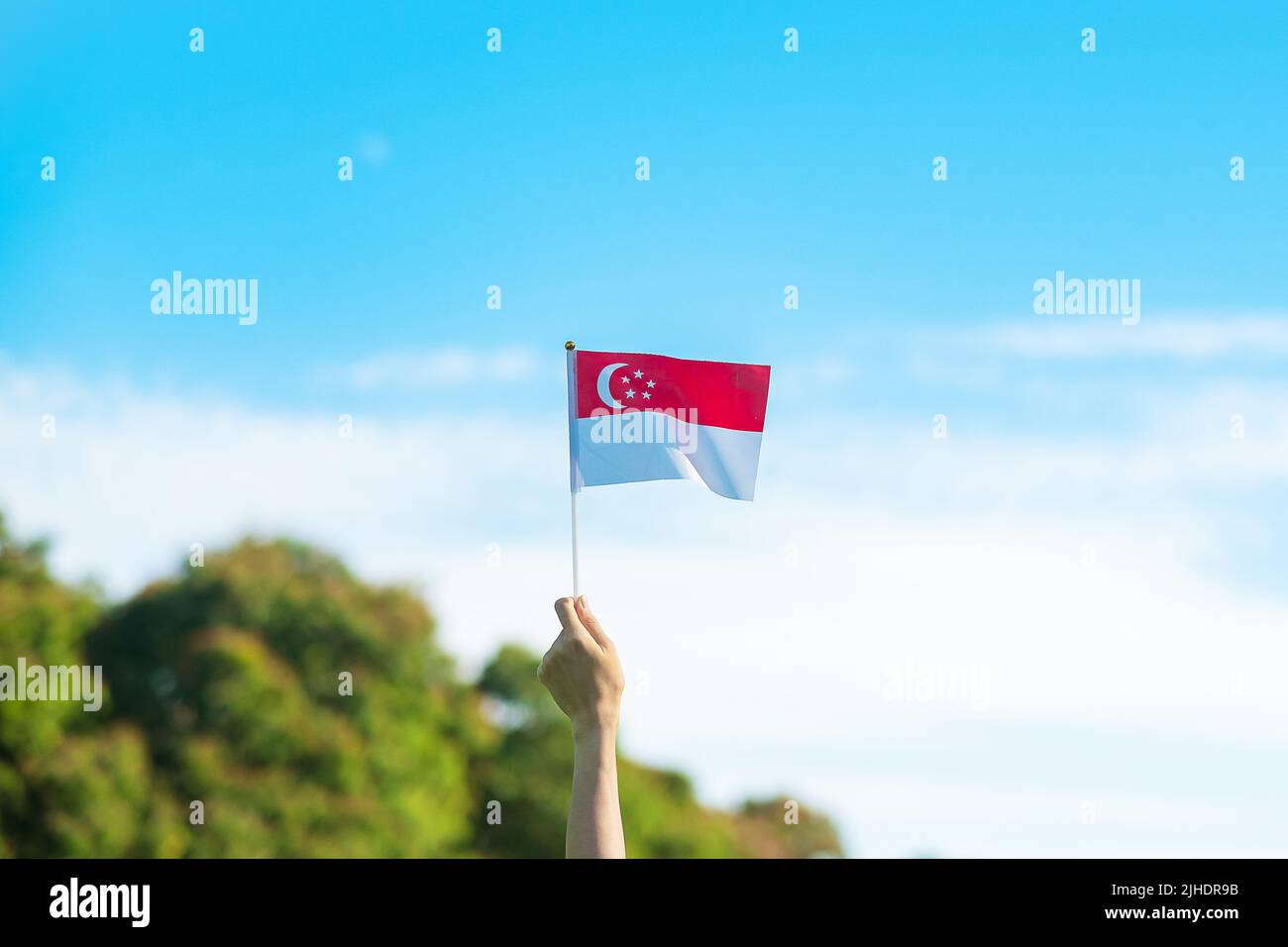 Mano che tiene la bandiera di Singapore su sfondo blu cielo. Singapore National Day e buone celebrazioni Foto Stock