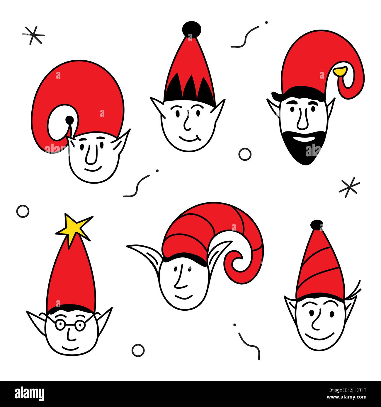 Allegro set di avatar natalizi con testa di elfo o gnome ritratto personaggio. L'illustrazione vettoriale di xmas in nero e rosso in stile doodle art. Mano alla moda Illustrazione Vettoriale
