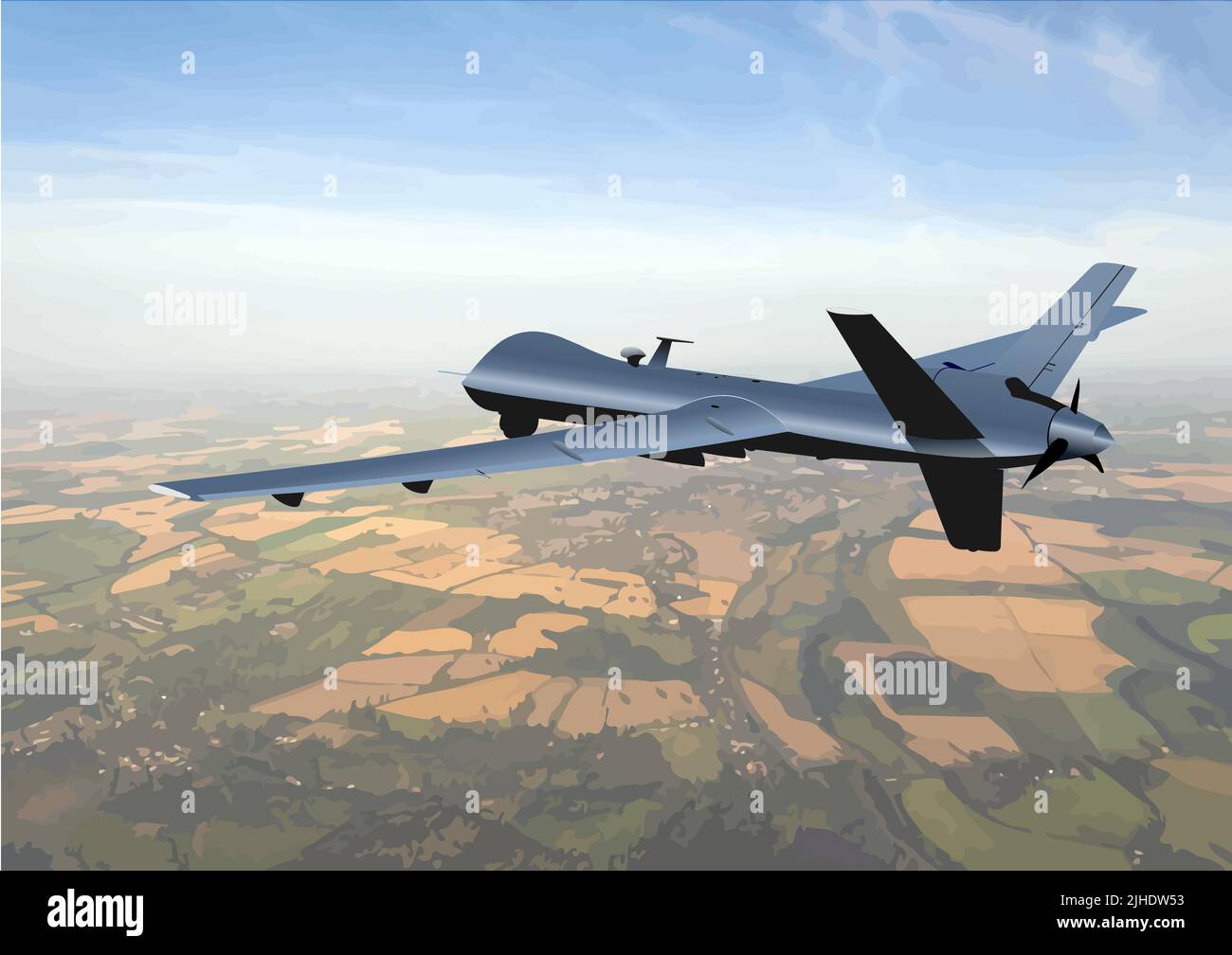 Aereo drone dell'esercito che vola in paese. illustrazione vettoriale a 3d colori Illustrazione Vettoriale