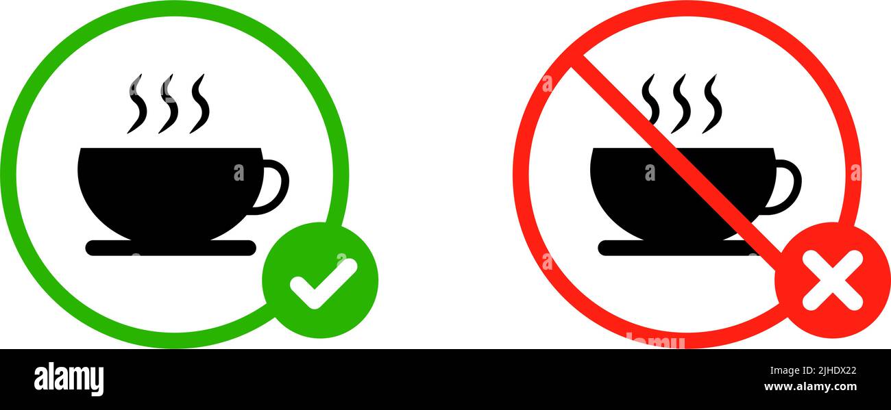 Bevande consentite e vietate. Icona della silhouette del caffè con segno di spunta e croce. Vettore modificabile. Illustrazione Vettoriale