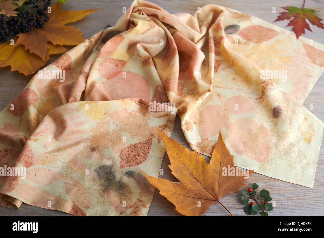 Sciarpa di seta tinta a mano circondata da bacche e foglie d'autunno. Tecnica eco-print Foto Stock