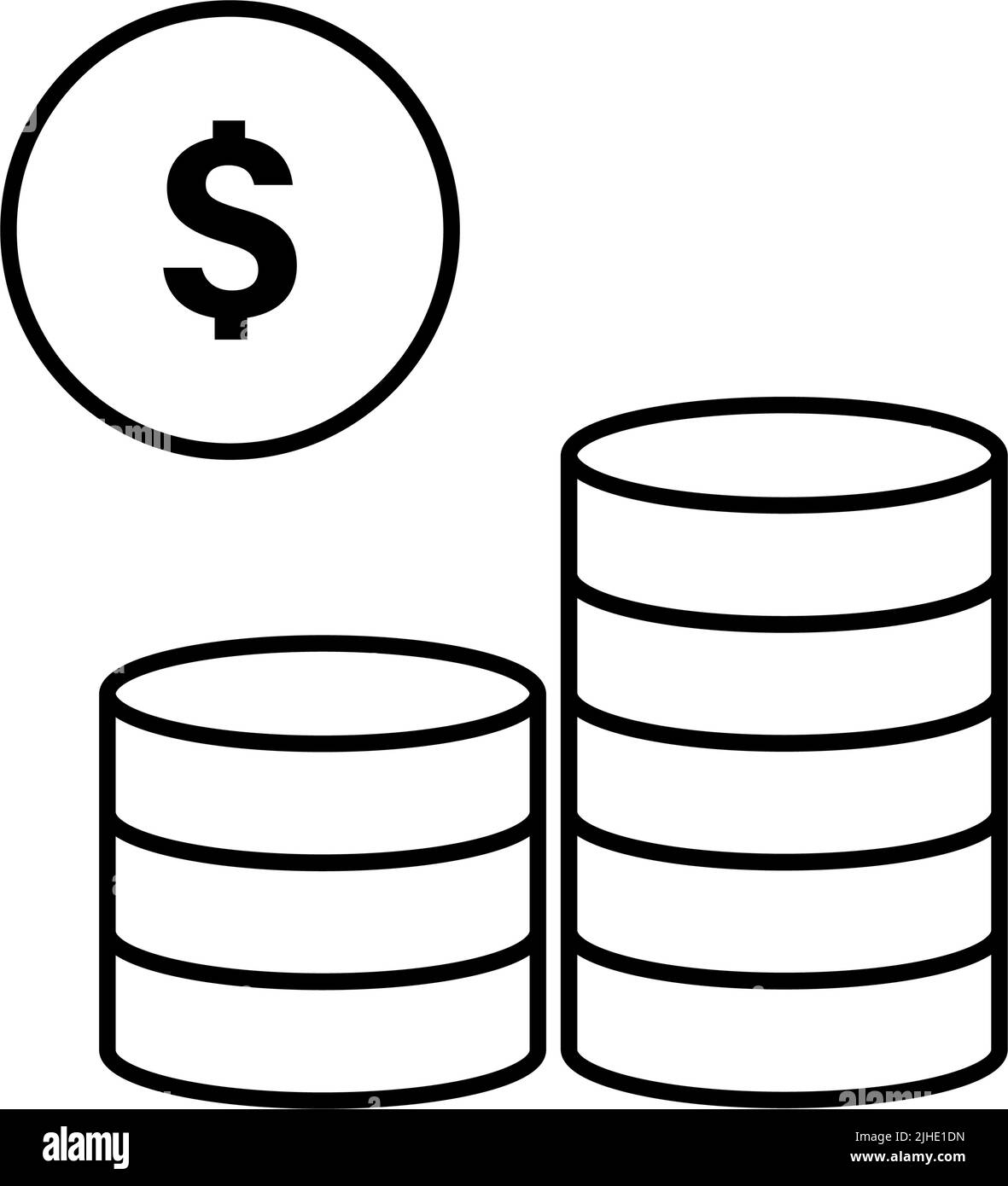Monete in dollari e impilamento di denaro. Vettore modificabile. Illustrazione Vettoriale