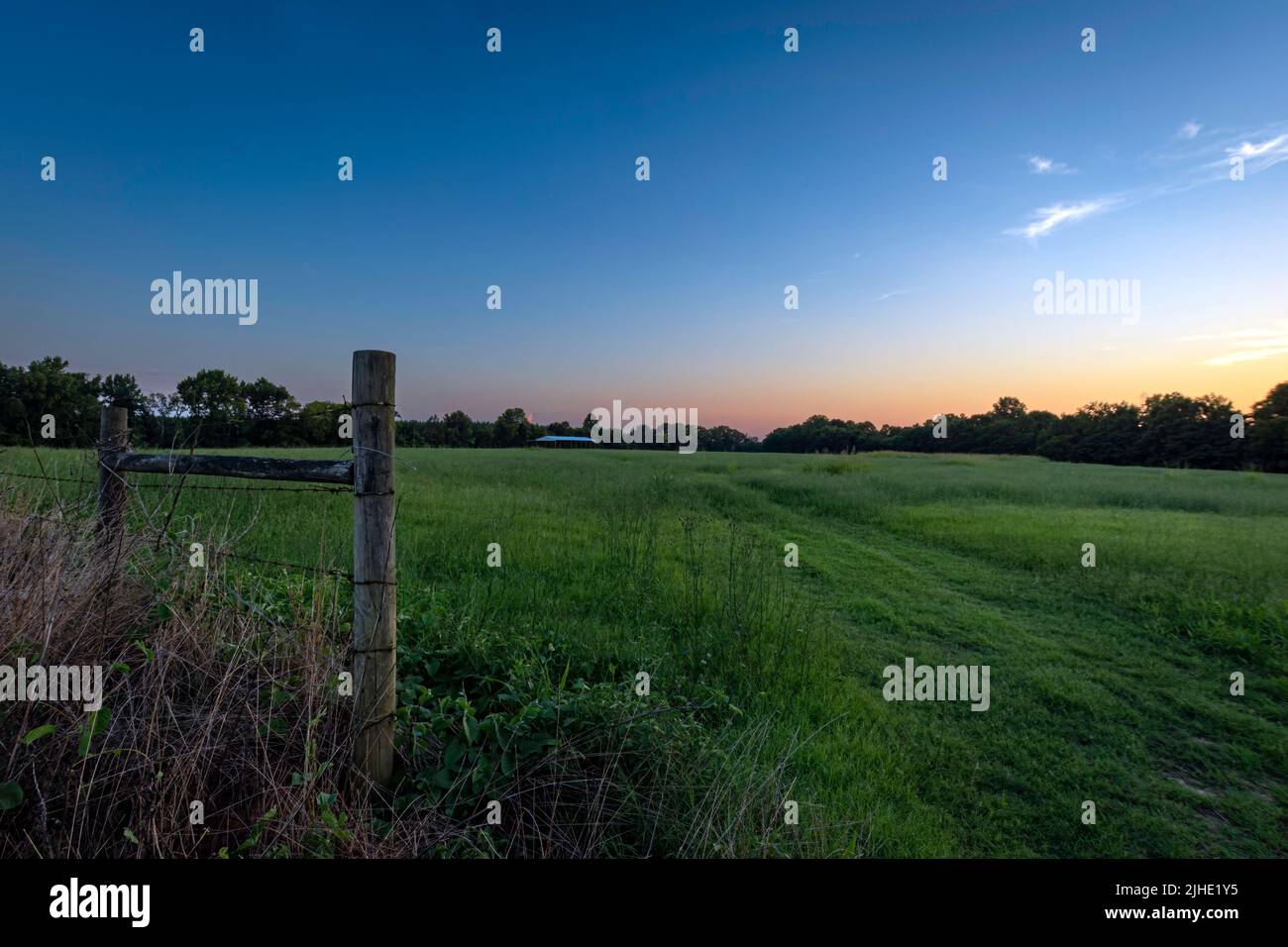 Paesaggio di campagna di rotaie attraverso un campo di fieno verde che conduce ad un fienile palo in lontananza al tramonto. Foto Stock