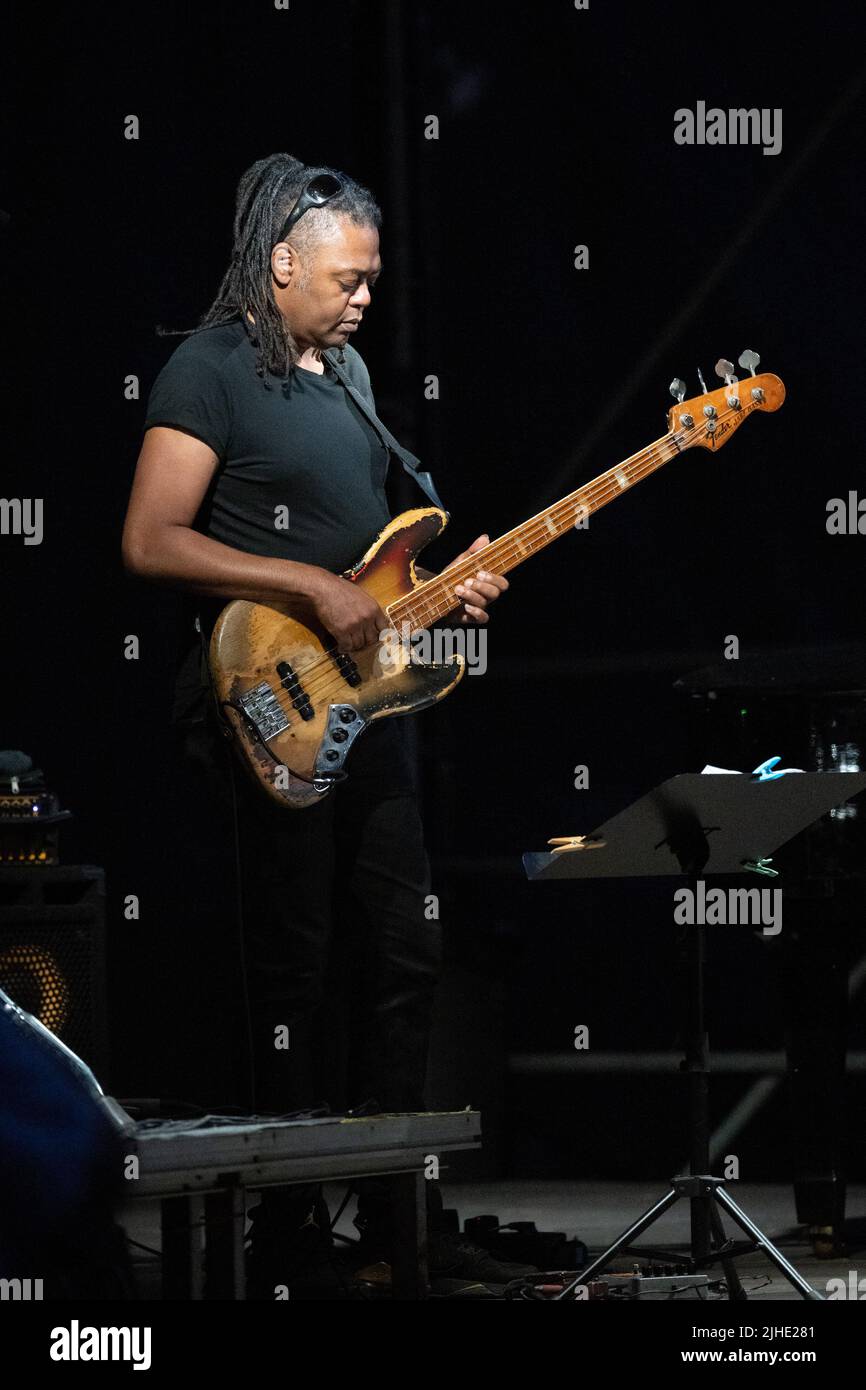 Roma, Italia. 11th luglio 2022. (7/11/2022) Concerto della leggendaria jazz band alla Casa del Jazz di Roma. LAN Doky - piano, Billy Cobham - batteria, Bill Evans - Sax, Randy Brecker - Trump, Linley Marthe - basso (Foto di Claudio Enea/Pacific Press/Sipa USA) Credit: Sipa USA/Alamy Live News Foto Stock