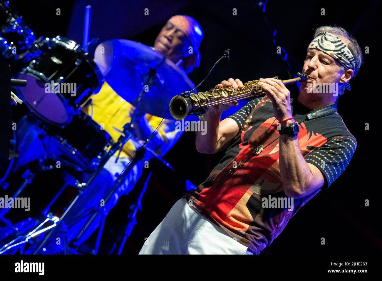 Roma, Italia. 11th luglio 2022. (7/11/2022) Concerto della leggendaria jazz band alla Casa del Jazz di Roma. LAN Doky - piano, Billy Cobham - batteria, Bill Evans - Sax, Randy Brecker - Trump, Linley Marthe - basso (Foto di Claudio Enea/Pacific Press/Sipa USA) Credit: Sipa USA/Alamy Live News Foto Stock