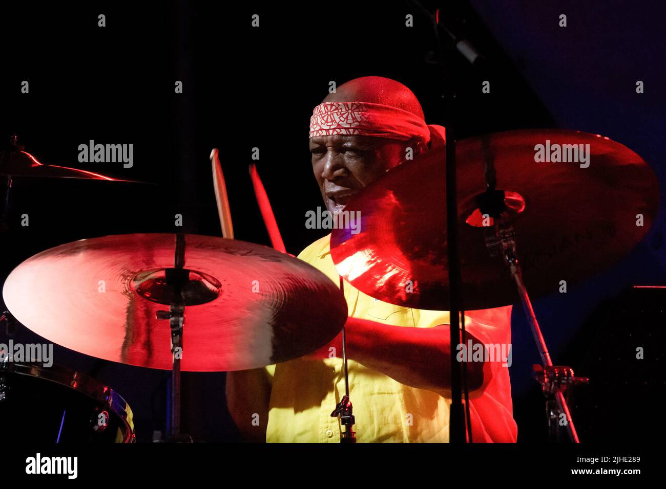 Roma, Italia. 11th luglio 2022. (7/11/2022) Concerto della leggendaria jazz band alla Casa del Jazz di Roma. LAN Doky - piano, Billy Cobham - batteria, Bill Evans - Sax, Randy Brecker - Trump, Linley Marthe - basso (Foto di Claudio Enea/Pacific Press/Sipa USA) Credit: Sipa USA/Alamy Live News Foto Stock