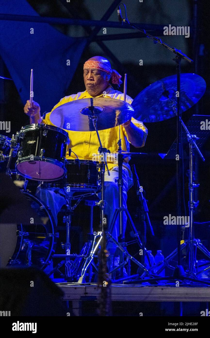 Roma, Italia. 11th luglio 2022. (7/11/2022) Concerto della leggendaria jazz band alla Casa del Jazz di Roma. LAN Doky - piano, Billy Cobham - batteria, Bill Evans - Sax, Randy Brecker - Trump, Linley Marthe - basso (Foto di Claudio Enea/Pacific Press/Sipa USA) Credit: Sipa USA/Alamy Live News Foto Stock