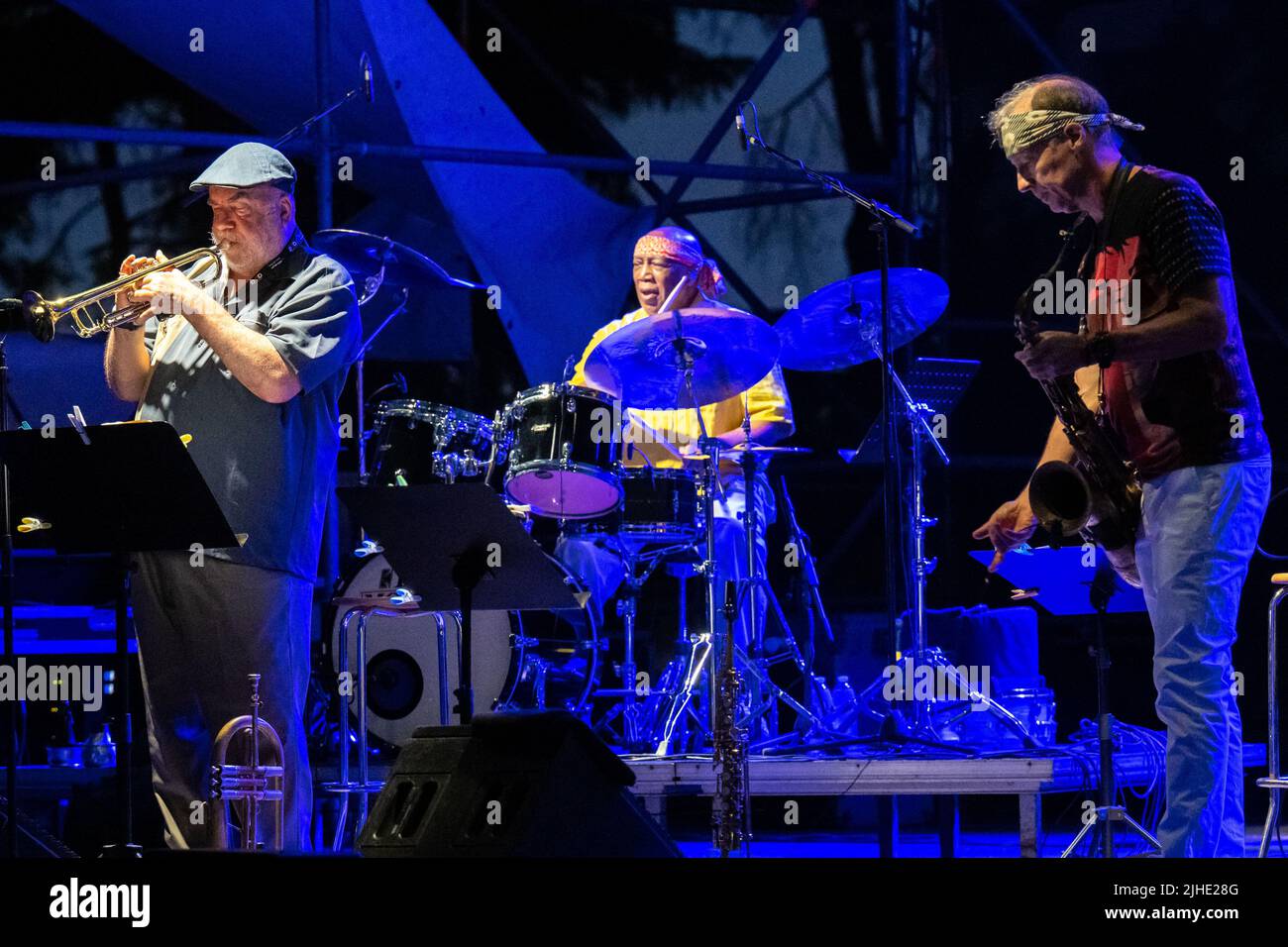Roma, Italia. 11th luglio 2022. (7/11/2022) Concerto della leggendaria jazz band alla Casa del Jazz di Roma. LAN Doky - piano, Billy Cobham - batteria, Bill Evans - Sax, Randy Brecker - Trump, Linley Marthe - basso (Foto di Claudio Enea/Pacific Press/Sipa USA) Credit: Sipa USA/Alamy Live News Foto Stock