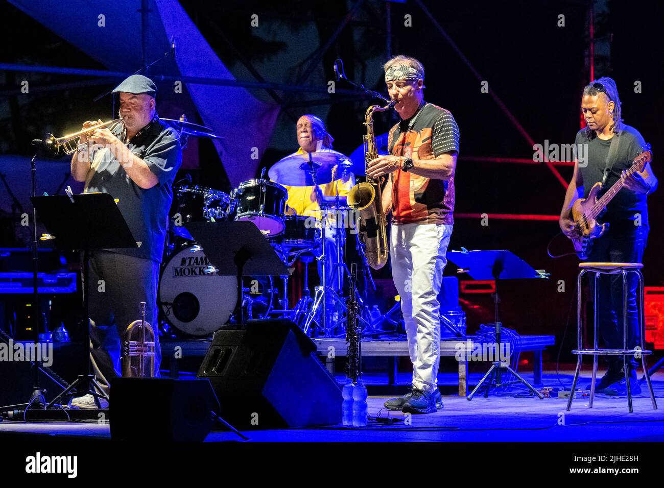 Roma, Italia. 11th luglio 2022. (7/11/2022) Concerto della leggendaria jazz band alla Casa del Jazz di Roma. LAN Doky - piano, Billy Cobham - batteria, Bill Evans - Sax, Randy Brecker - Trump, Linley Marthe - basso (Foto di Claudio Enea/Pacific Press/Sipa USA) Credit: Sipa USA/Alamy Live News Foto Stock