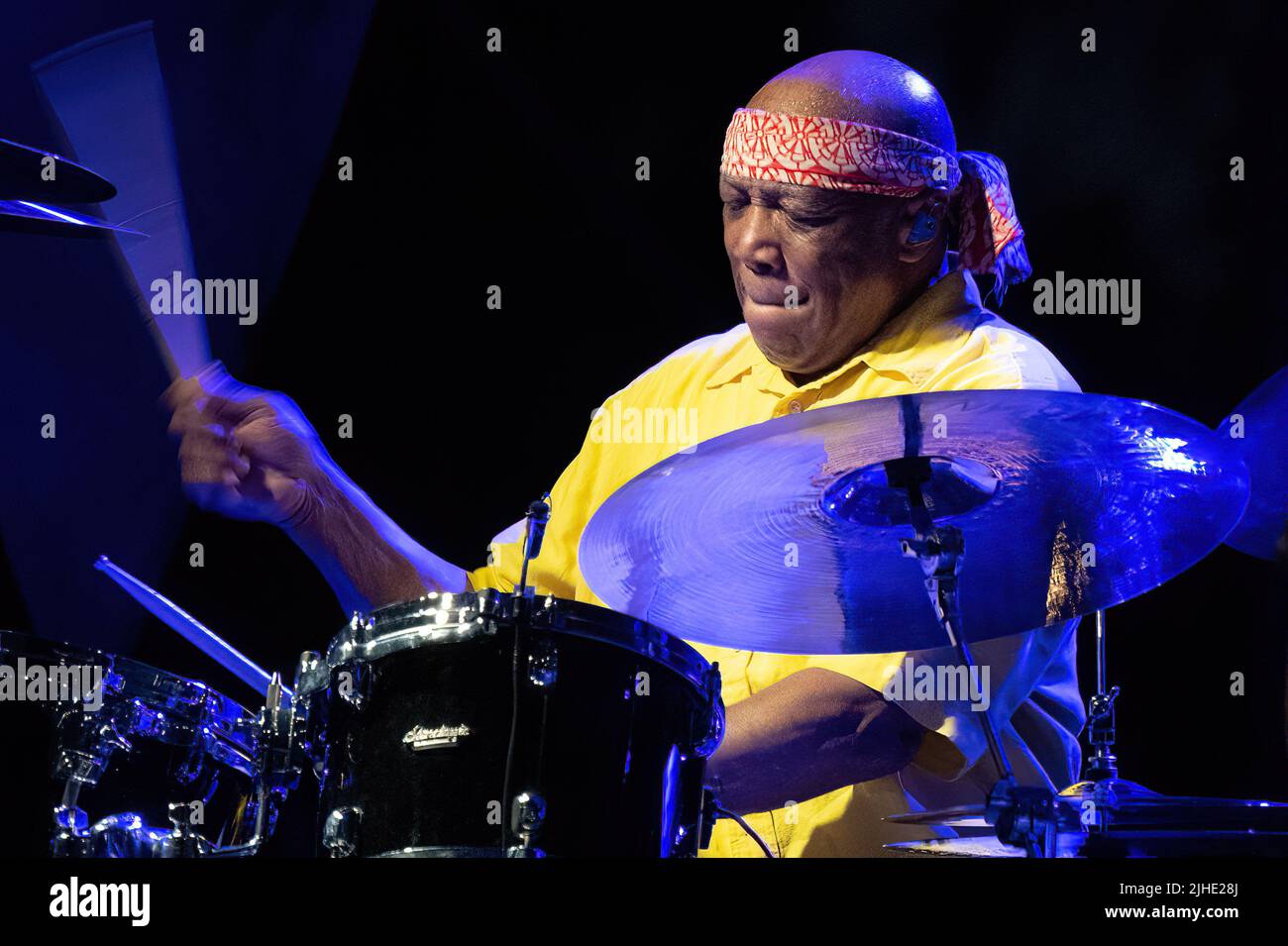Roma, Italia. 11th luglio 2022. (7/11/2022) Concerto della leggendaria jazz band alla Casa del Jazz di Roma. LAN Doky - piano, Billy Cobham - batteria, Bill Evans - Sax, Randy Brecker - Trump, Linley Marthe - basso (Foto di Claudio Enea/Pacific Press/Sipa USA) Credit: Sipa USA/Alamy Live News Foto Stock