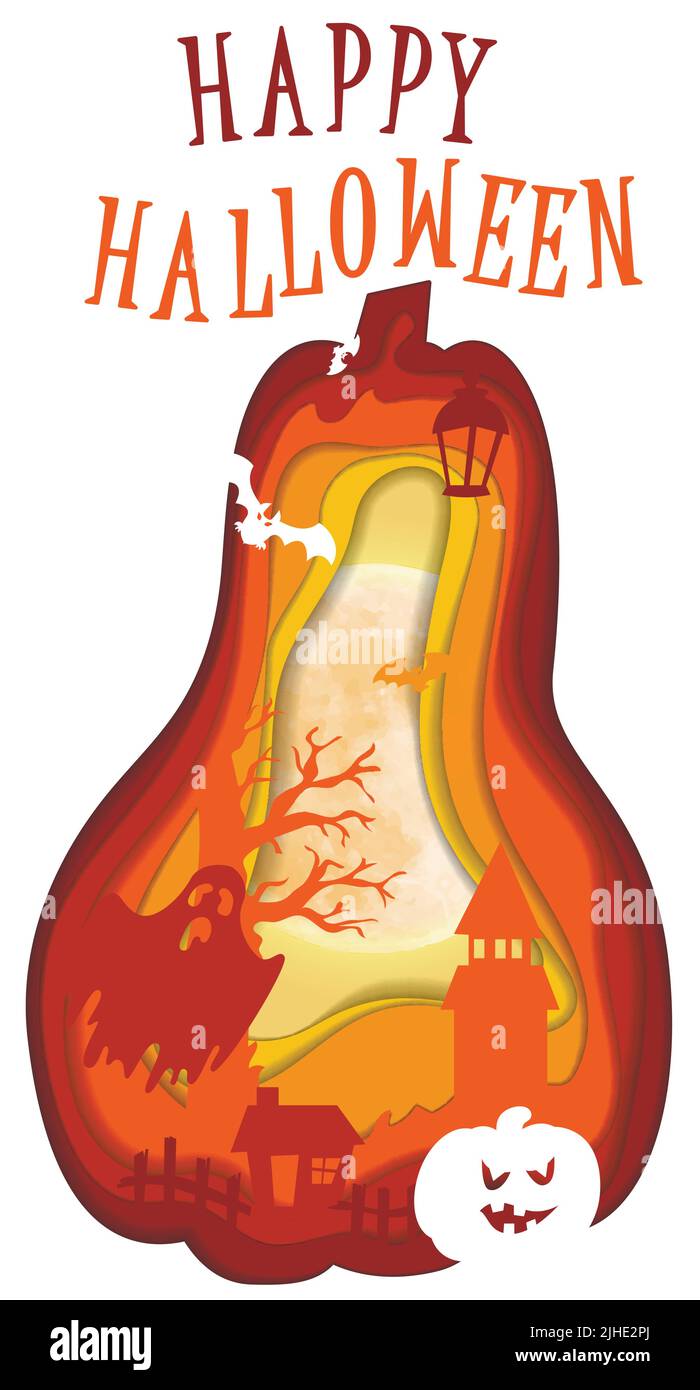 Design con zucca sul cimitero. Felice Halloween carta arte stile. Illustrazione del taglio vettoriale. Illustrazione Vettoriale