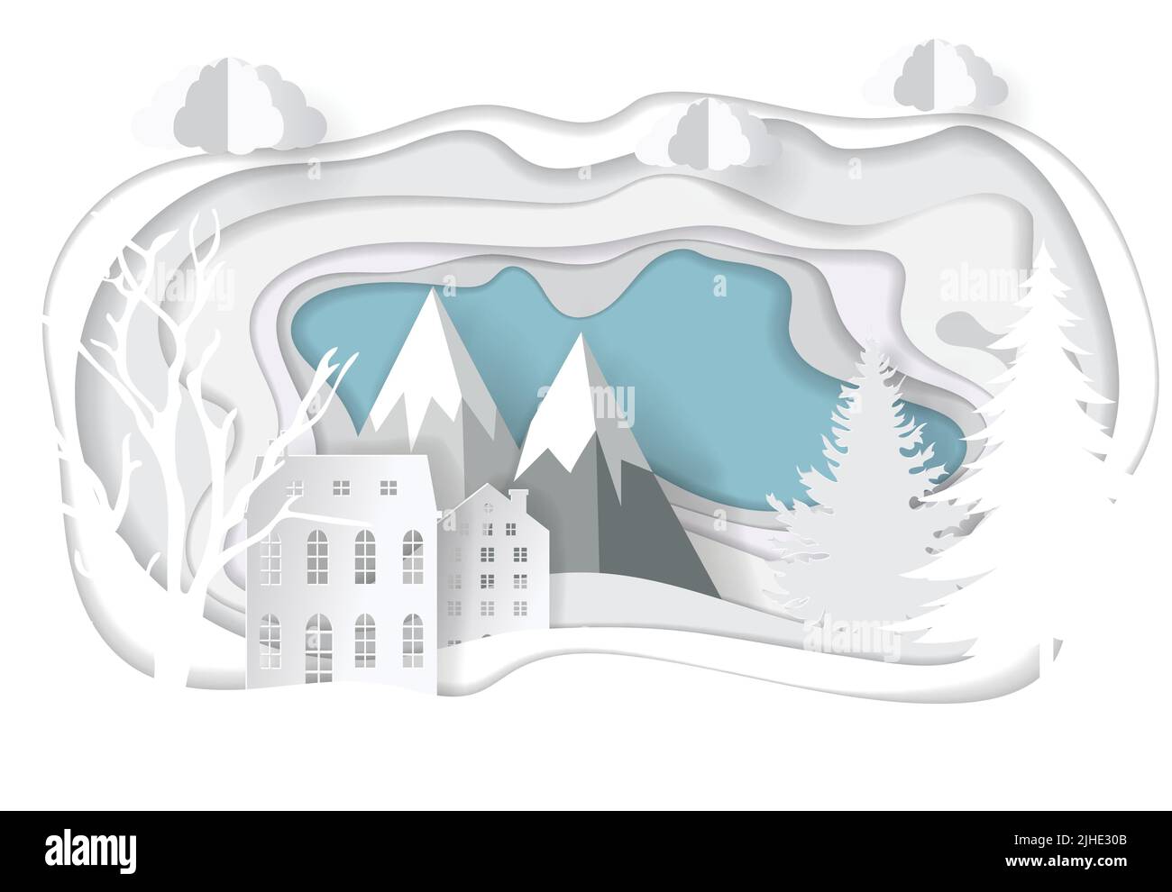 Carta vettoriale art. Modello di illustrazione di Natale per biglietto di auguri, calendario o ecc paesaggio invernale con cervi e montagne Illustrazione Vettoriale